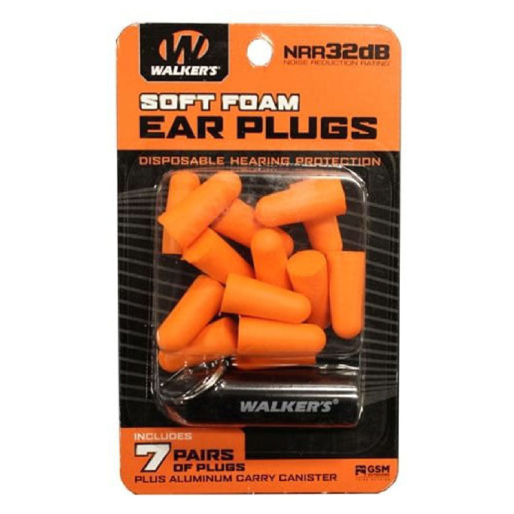 Walker's 7 Pairs Soft Foam Ear Plugs W/ Aluminum Carry Canister