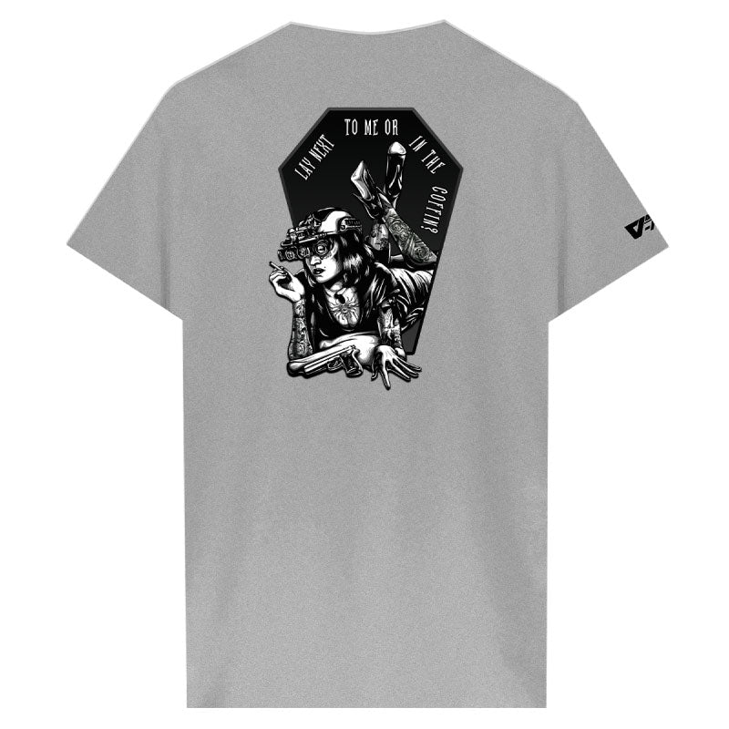 เสื้อยืดสกรีนลาย VALOR PX - Lay Next To Me Or In The Coffin T-Shirt 2024 เสื้อใส่เที่ยว ลายกราฟฟิค