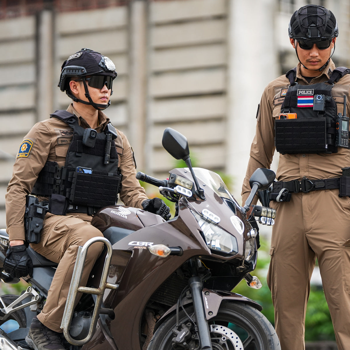 Thai Police Officer on CBR Motorcycle with Standing Officer - Police Patrol Team Tactical Equipment
