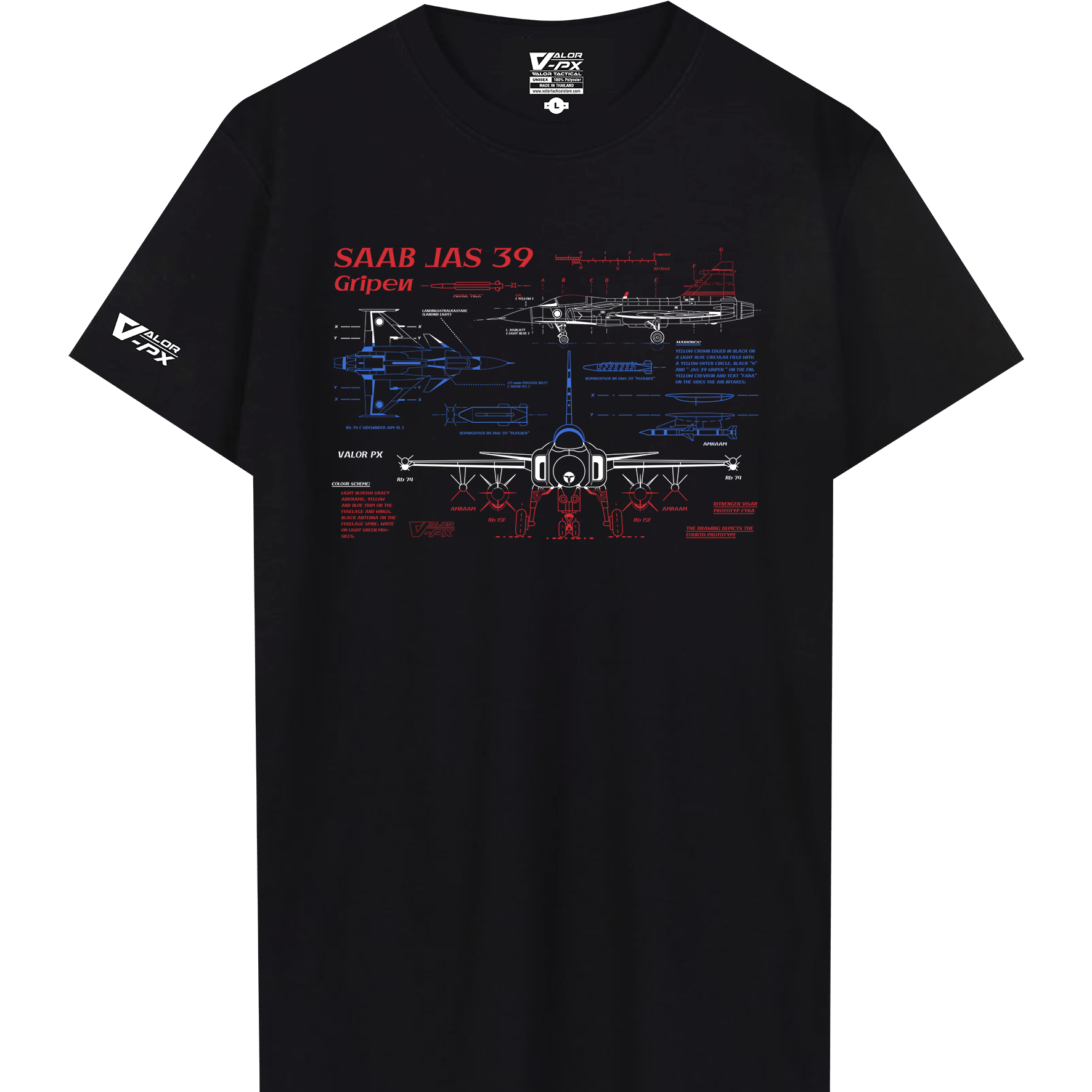 เสื้อยืดสกรีนลาย VALOR PX - Blueprint Gripen Saab JAS 39 T-Shirt เสื้อใส่เที่ยว ลายกราฟิก