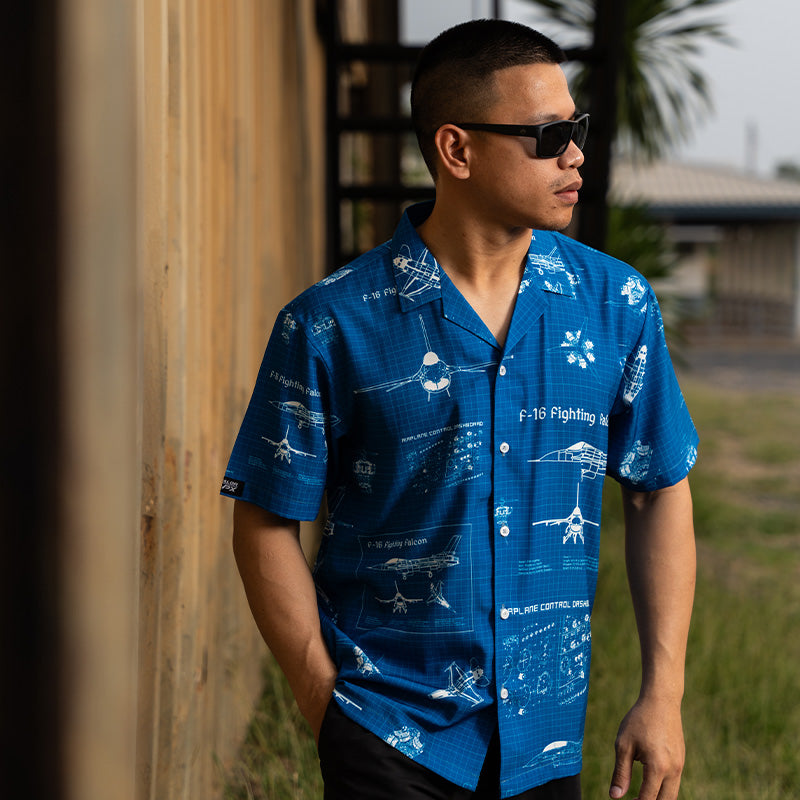 เสื้อโปโล VALOR PX - Blueprint F-16 Hawaii Shirts เสื้อใส่เที่ยว ลายเชิ้ตลายกราฟฟิค