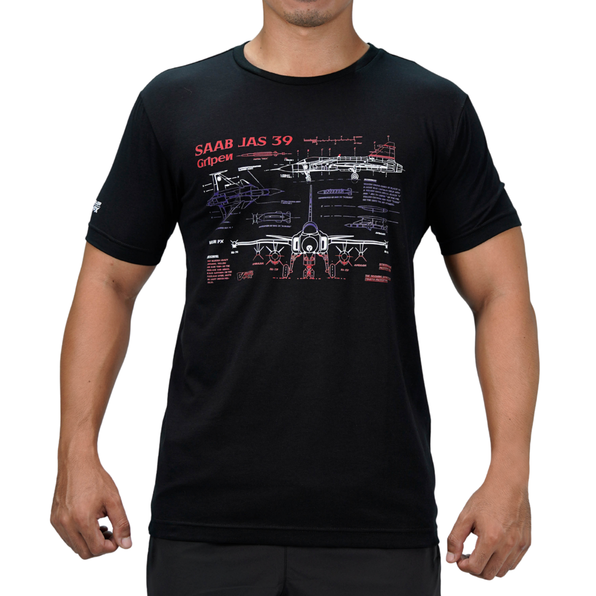 เสื้อยืดสกรีนลาย VALOR PX - Blueprint Gripen Saab JAS 39 T-Shirt เสื้อใส่เที่ยว ลายกราฟิก