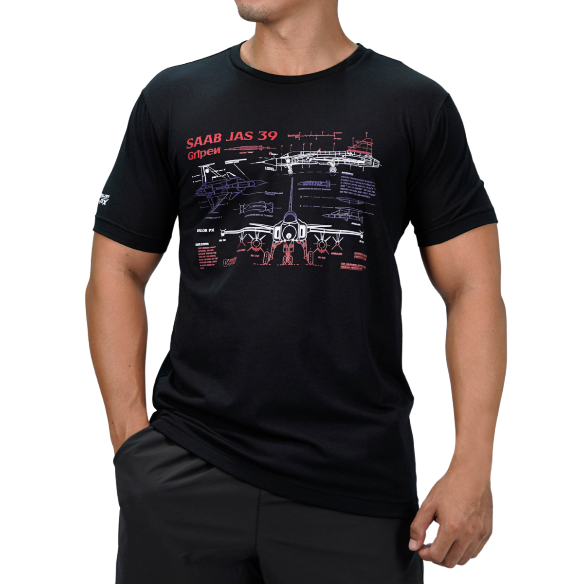 เสื้อยืดสกรีนลาย VALOR PX - Blueprint Gripen Saab JAS 39 T-Shirt เสื้อใส่เที่ยว ลายกราฟิก