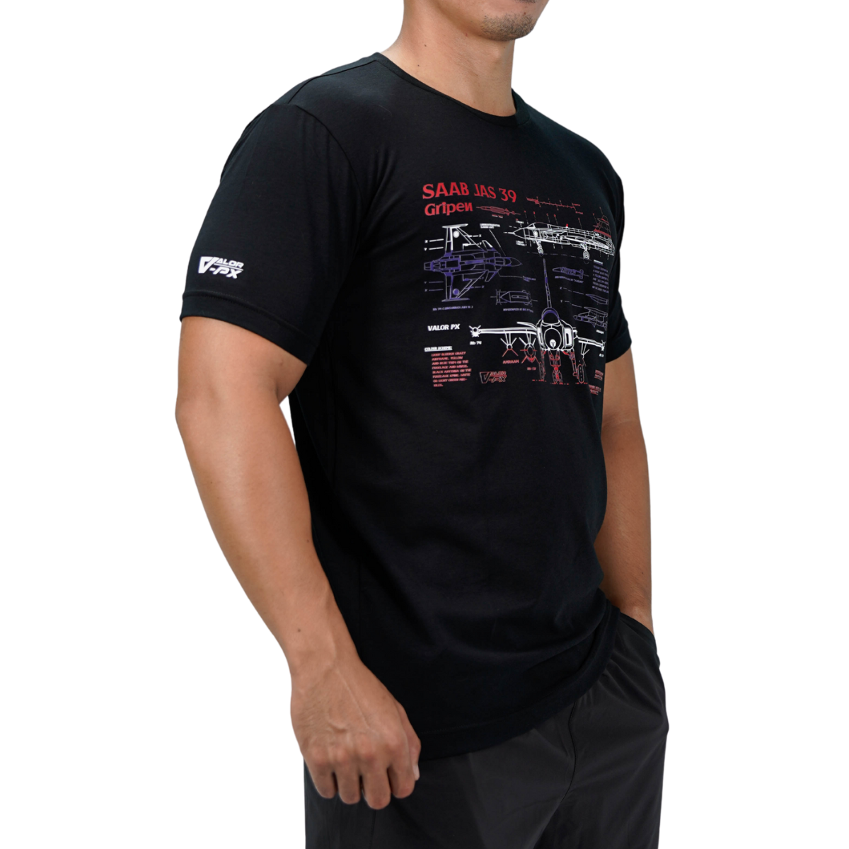 เสื้อยืดสกรีนลาย VALOR PX - Blueprint Gripen Saab JAS 39 T-Shirt เสื้อใส่เที่ยว ลายกราฟิก