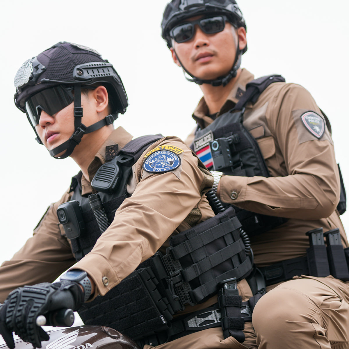 Thai SWAT Police Officers on Motorcycle Close-Up - Tactical Plate Carrier SWAT Patch Tactical Gear