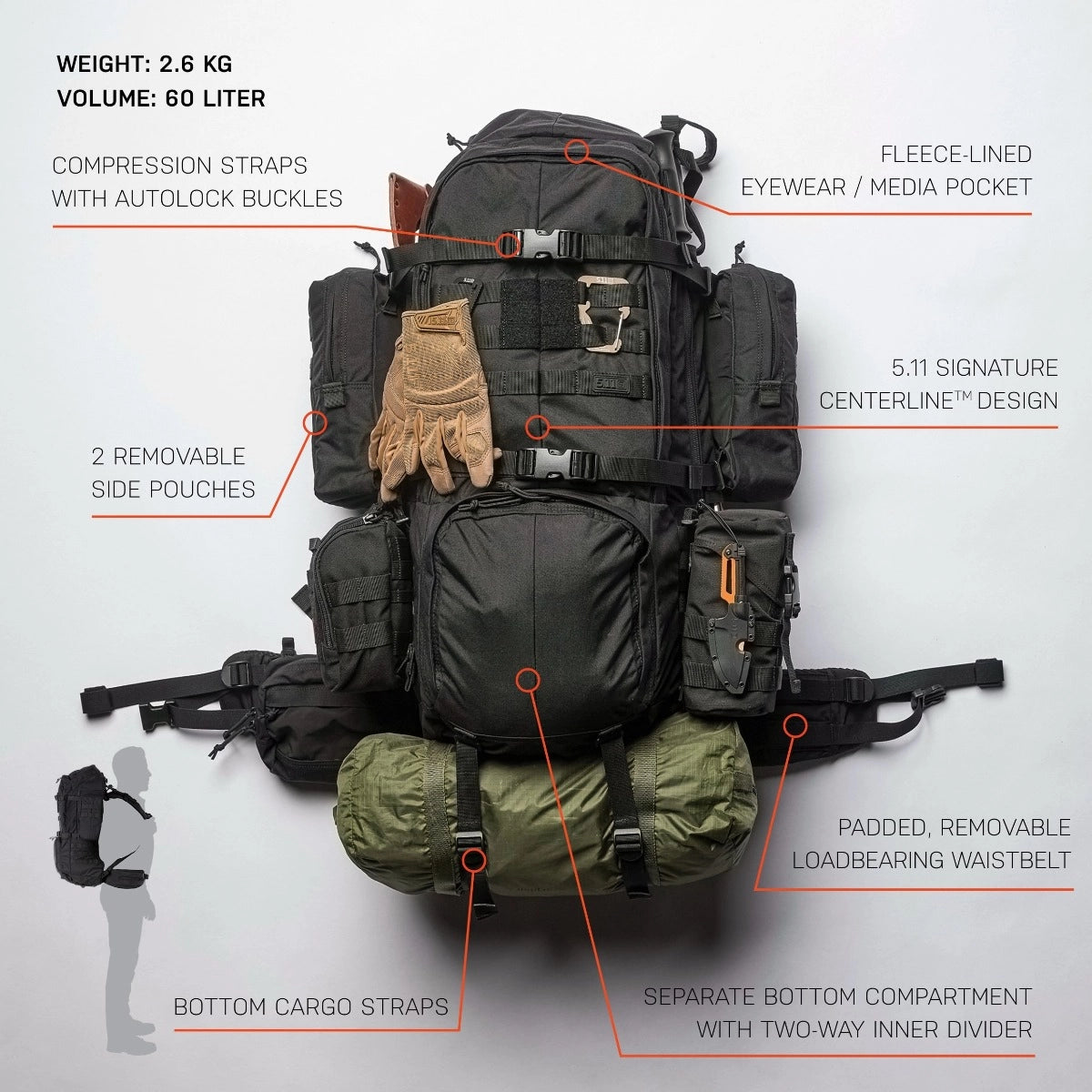 กระเป๋าสะพายหลัง 5.11 RUSH100 Backpack 60L สำหรับเดินป่า กลางแจ้ง ขนาดใหญ่