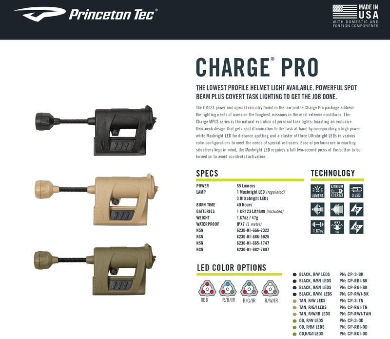 Princeton Tec - CHARGE PRO, Helmet Light [ Light Options : RED / GREEN / IR / WHITE ]