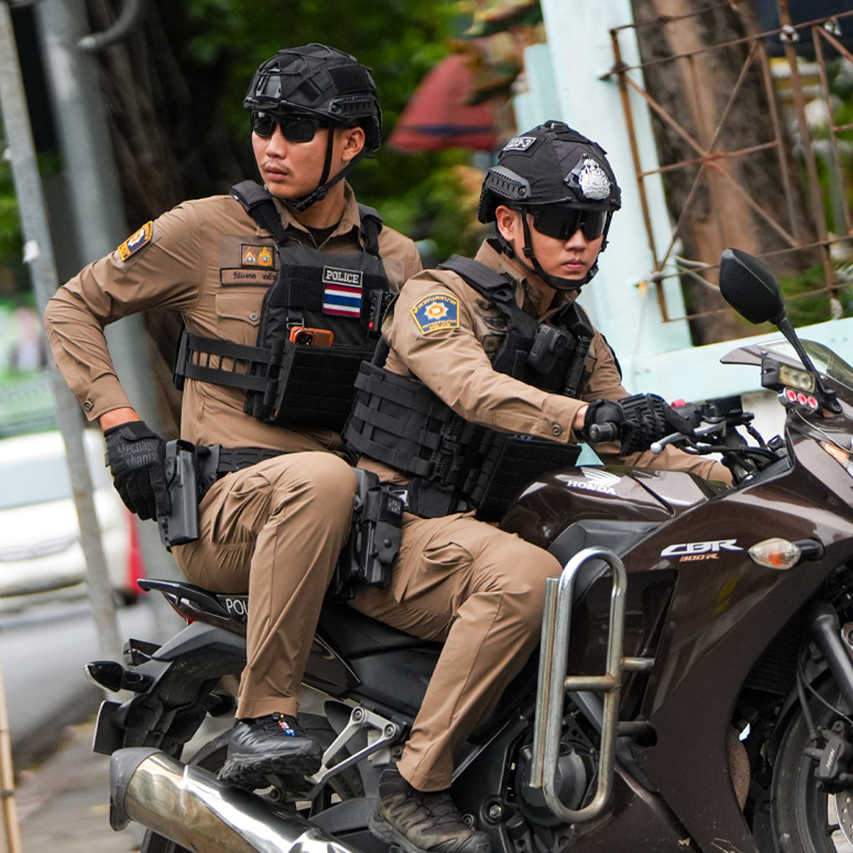 Thai Police Officers Front View on Honda CBR Motorcycle with Full Tactical Equipment - Duty Ride