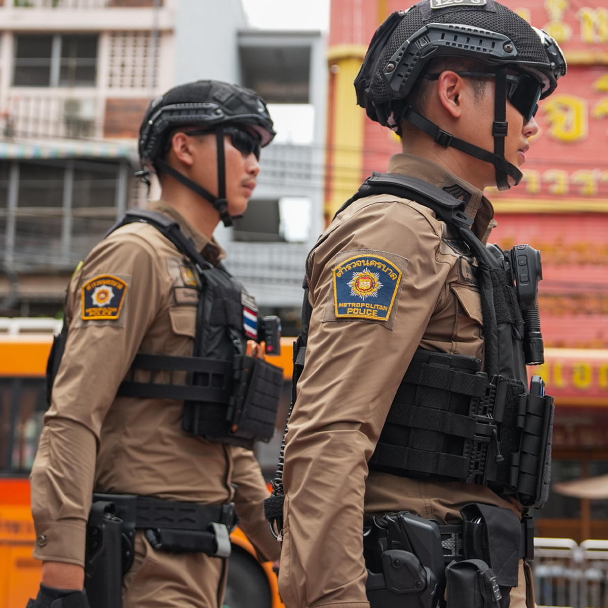 Bangkok Metropolitan Police Officers in Tactical Plate Carrier Vests and Combat Helmets on Patrol