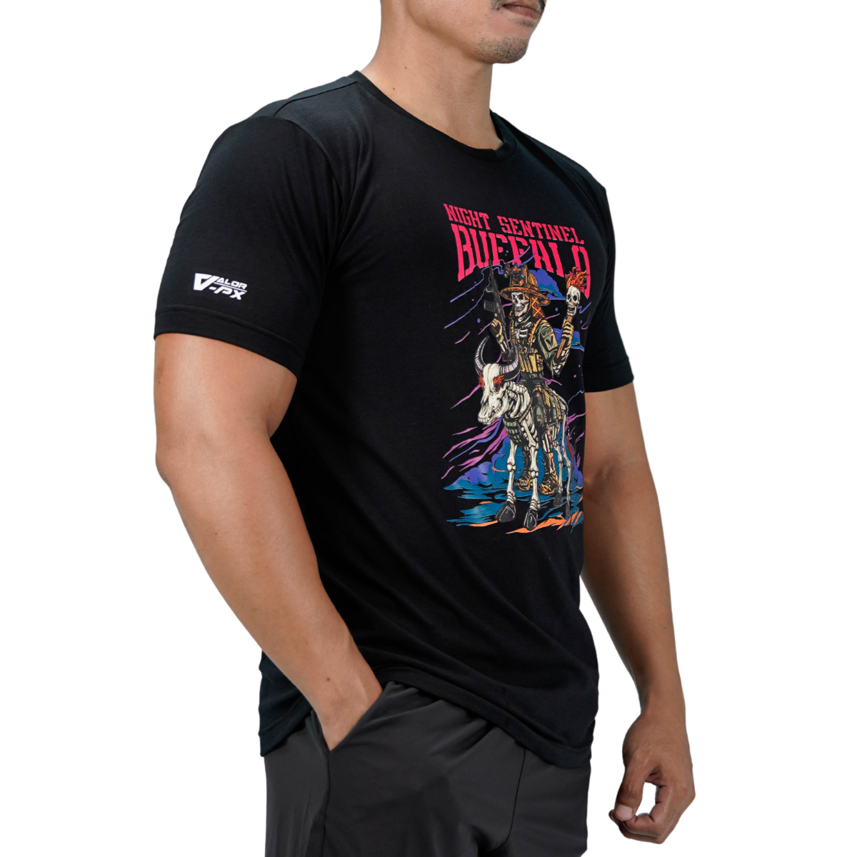เสื้อยืดสกรีนลาย VALOR PX - Night Sentinel Buffalo T-Shirt เสื้อใส่เที่ยว ลายกราฟิก